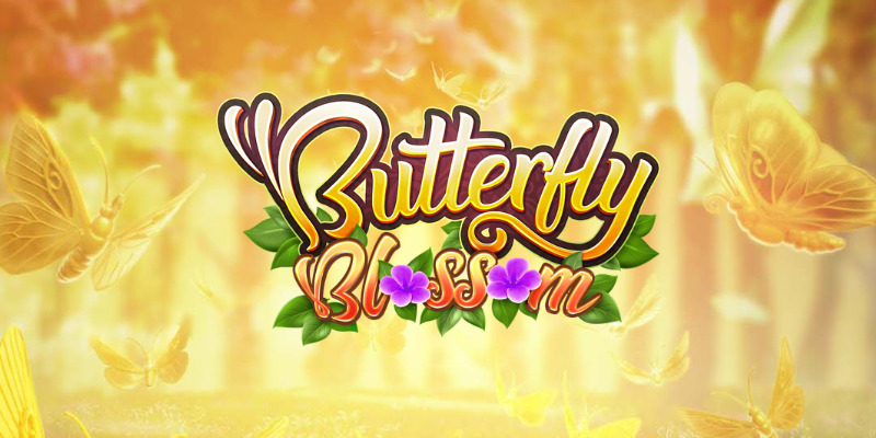 Arte oficial de Butterfly Blossom de PG Soft, con mariposas, capullos y un jardín florido de fondo (fuente: AboutSlots, ficha oficial de PG Soft bloqueada para acceso automatizado)