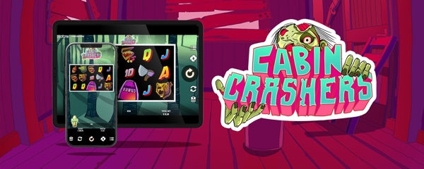 Pantalla del juego Cabin Crashers de Quickspin con una cabaña en las montañas rodeada de zombis