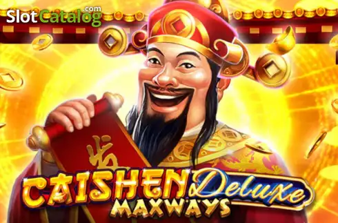 Arte oficial de la tragamonedas Caishen Deluxe Maxways de Spadegaming, con Caishen, dios chino de la riqueza, y monedas de oro