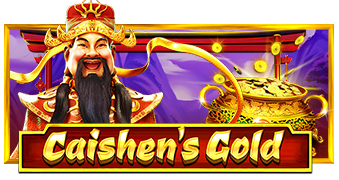 Arte oficial de la tragamonedas Caishen's Gold de Pragmatic Play, con Caishen, dios chino de la riqueza