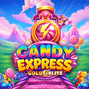Pantalla de la tragamonedas Candy Express Gold Blitz de Fortune Factory Studios, con locomotora de dulces, paletas y montañas de glaseado