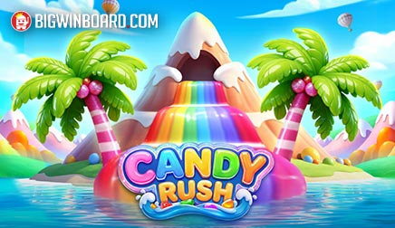 Pantalla de la tragamonedas Candy Rush de Pragmatic Play, con dulces de colores sobre una cuadrícula de 7x7 y multiplicadores activos