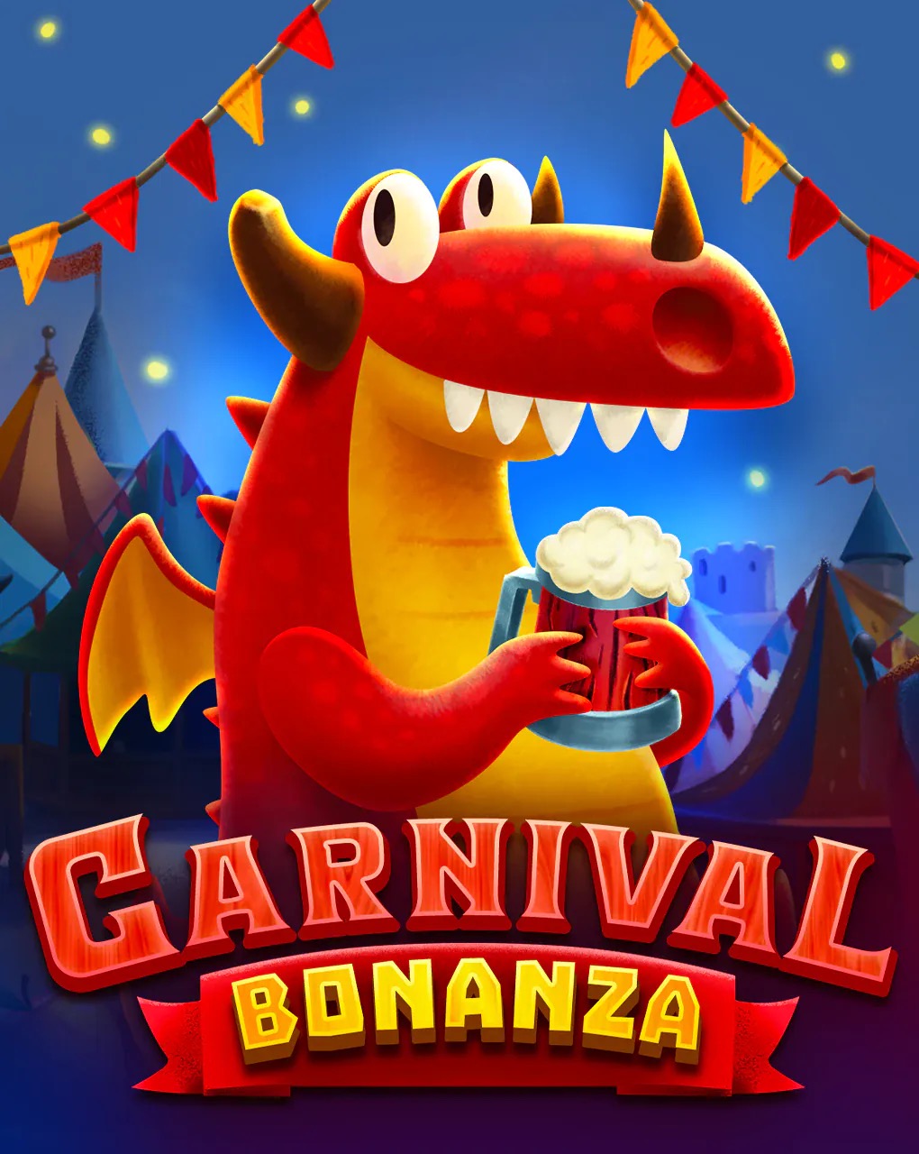 Arte oficial de la tragamonedas Carnival Bonanza de BGaming, con un dragón anfitrión de feria rodeado de premios y luces de carnaval