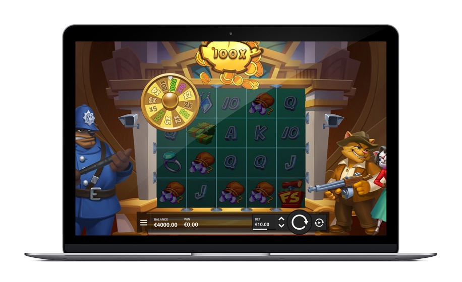 Pantalla de la tragamonedas Cash Crooks de Hacksaw Gaming, con los personajes Betty y Clyve robando una caja fuerte y símbolos de Vault Dial