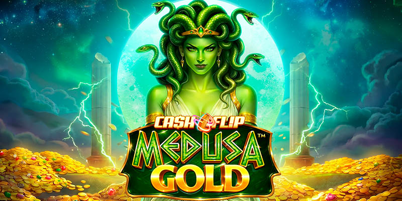 Arte oficial de Cash Flip Medusa Gold V94, de Snowborn Games, mostrando a Medusa y los potes dorados coleccionables del bono