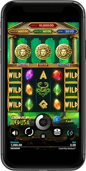 Arte oficial de la tragamonedas Cash Flip Medusa Gold de Snowborn Games, con Medusa y monedas de oro
