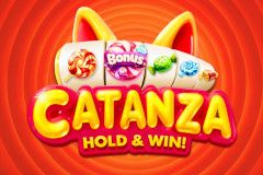 Pantalla de la tragamonedas Catanza de Turbo Games, con un robot gato y caramelos sobre un fondo de tierra fantástica rosa