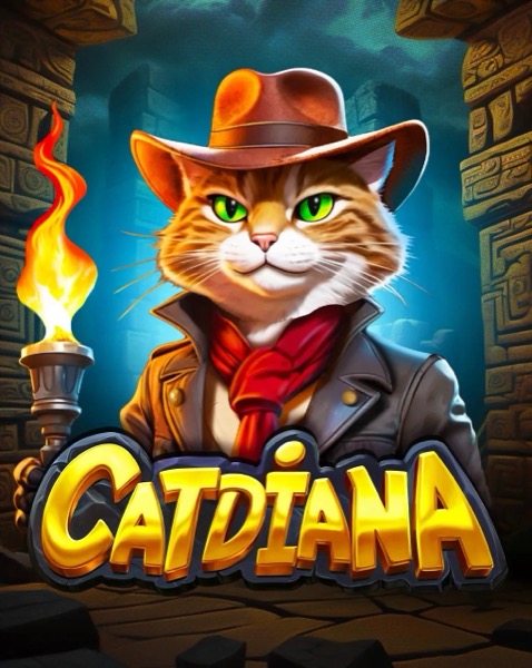 Arte oficial de la tragamonedas Catdiana de BGaming, con una gata exploradora de sombrero frente a un templo egipcio lleno de tesoros