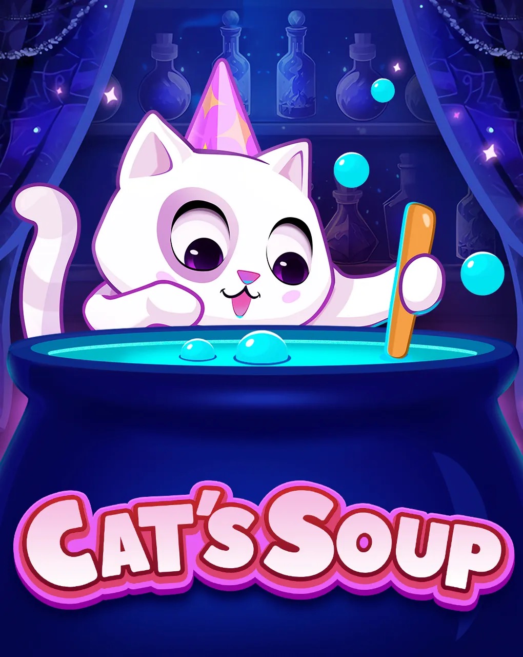 Arte oficial de la tragamonedas Cat's Soup de BGaming, con el gato alquimista preparando pociones sobre la cuadrícula 3x3