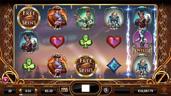 Arte oficial de la tragamonedas Cazino Zeppelin de Yggdrasil, con dirigible steampunk y giros gratis en una mesa de casino volador