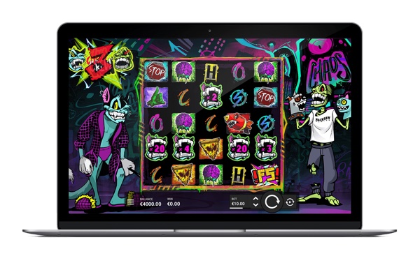 Arte oficial de la tragamonedas Chaos Crew 3 de Hacksaw Gaming, con grafiti urbano y el personaje Glitch Dog