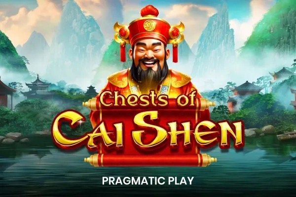 Pantalla principal de Chests of Cai Shen mostrando los tres cofres del tesoro sobre los rodillos