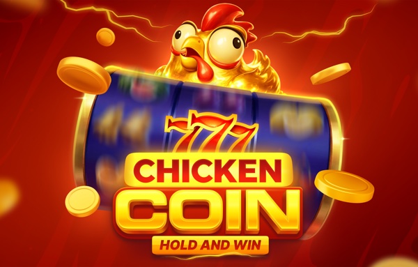 Arte oficial de la tragamonedas Chicken Coin de InOut Games, con mascota de gallina sobre monedas doradas