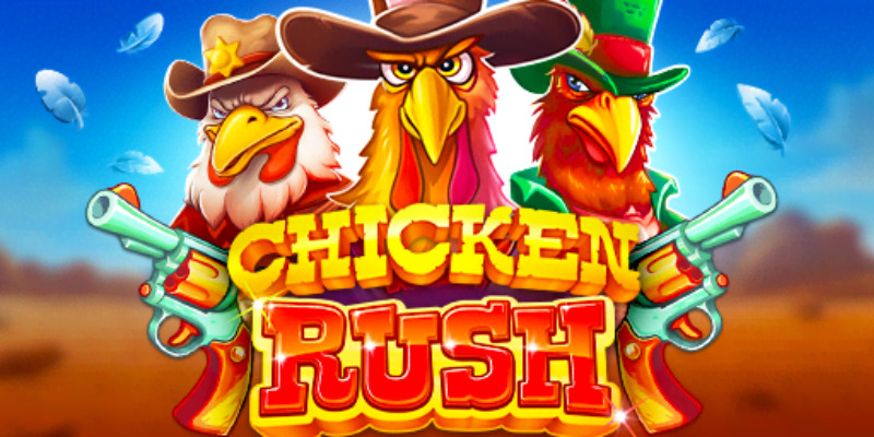 Pantalla de la tragamonedas Chicken Rush de BGaming, con gallos sheriff y un pueblo del viejo oeste en una cuadrícula de 5x5
