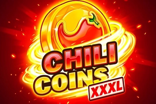 Pantalla de la tragamonedas Chili Coins XXXL de 3 Oaks Gaming, con chiles en llamas, monedas doradas y frutas sobre una cuadrícula de 6 rodillos