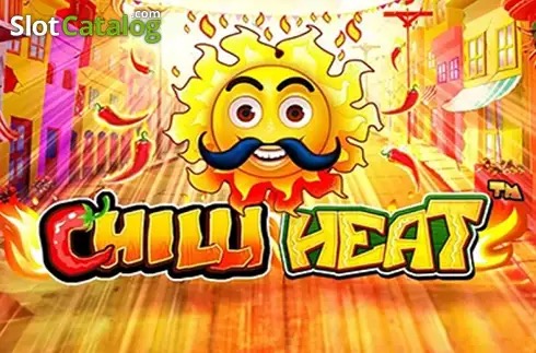 Arte oficial de la tragamonedas Chilli Heat Spicy Spins de Pragmatic Play, con pueblo mexicano, chiles y símbolos de mariachi