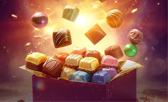 Pantalla de la tragamonedas Chocolate Deluxe de PG Soft, con bombones artesanales, chocolate y un tablero de cúmulos 6x6