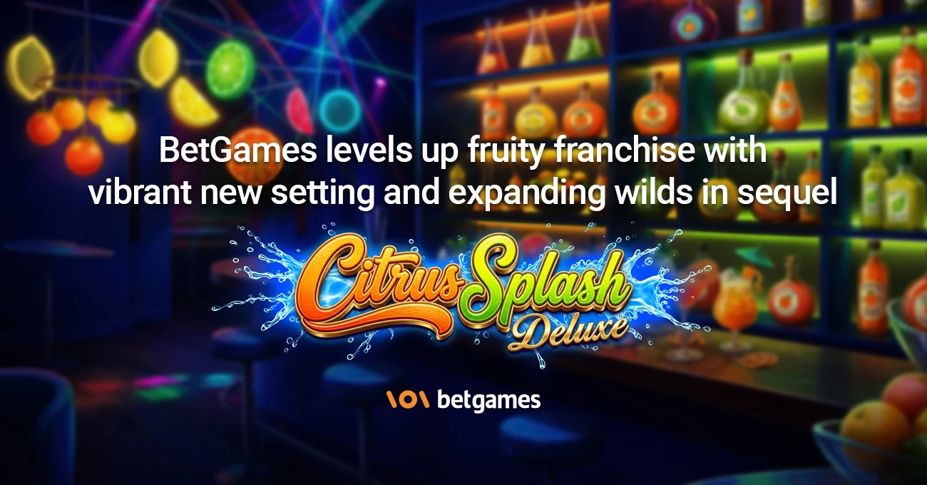 Arte oficial de la tragamonedas Citrus Splash Deluxe de BetGames, con bar de cócteles, cítricos y un bartender animado