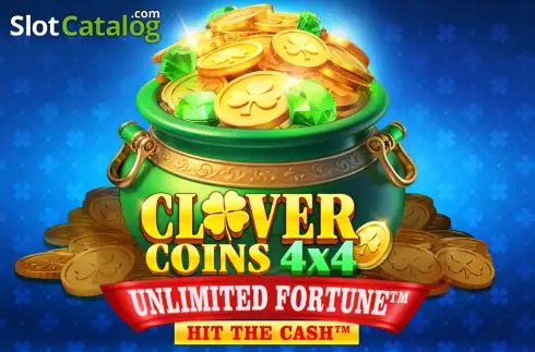Cuadrícula 4x4 dorada sobre fondo verde de la tragamonedas Clover Coins 4x4 Unlimited Fortune, con tréboles y monedas de la suerte