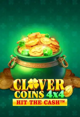 Cuadrícula 4x4 de Clover Coins 4x4 con el símbolo del Caldero de Oro en el centro rodeado de monedas de trébol