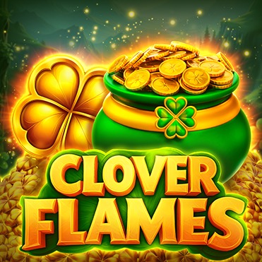 Pantalla principal de Clover Flames, con tréboles de cuatro hojas, monedas y llamas sobre los carretes