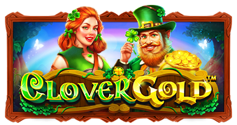 Arte oficial de la tragamonedas Clover Gold de Pragmatic Play, con tréboles y escenario irlandés