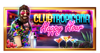 Pantalla de la tragamonedas Club Tropicana - Happy Hour con un bartender mezclando bebidas en un bar de playa al atardecer, cielo en tonos rojos y naranjas
