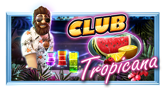 Bar tropical con cocteles, frutas y sombrillas en los rodillos de la tragamonedas Club Tropicana