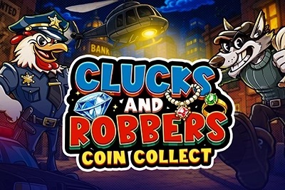 Arte oficial de la tragamonedas Clucks and Robbers de Gaming Corps, con gallinas y un ladrón astuto en una granja