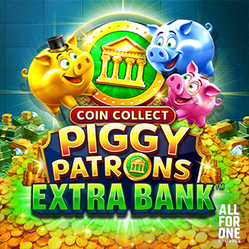 Arte oficial de Coin Collect: Piggy Patrons Extra Bank, mostrando a los cerditos-banqueros Mr Penny, Mr Bond y Mr Bullion rodeados de monedas y cajas fuertes