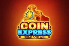 Arte oficial de la tragamonedas Coin Express de 3 Oaks Gaming, con símbolos de frutas y monedas de oro sobre fondo de tren exprés