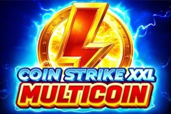 Pantalla de la tragamonedas Coin Strike XXL: Multicoin de Playson, con monedas, rayos y el fondo azul clásico de la serie