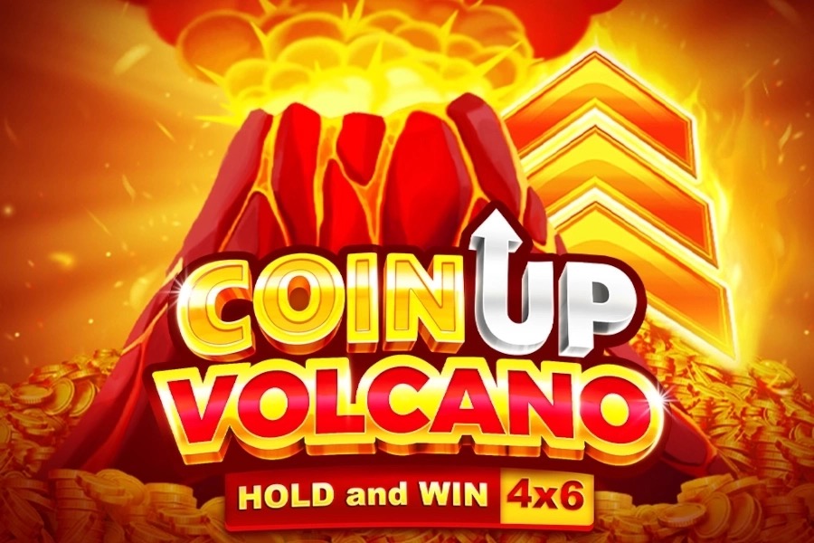 Pantalla de la tragamonedas Coin UP Volcano de 3 Oaks Gaming, con un volcán en erupción, monedas y el panel de jackpots fijos