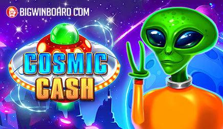 Arte oficial de la tragamonedas Cosmic Cash, con planetas morados, criaturas espaciales de colores y símbolos de dinero flotando