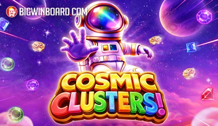 Captura de la tragamonedas Cosmic Clusters! de Pragmatic Play, con un astronauta flotando entre planetas y símbolos de dinero espaciales