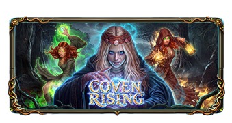 Pantalla de la tragamonedas Coven Rising de Pragmatic Play, con un círculo mágico de brujas y símbolos modificadores de colores