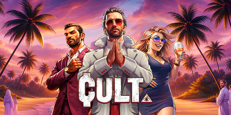 Pantalla de la tragamonedas CULT. de Pragmatic Play, con un líder carismático, seguidores y símbolos de un ojo que todo lo ve