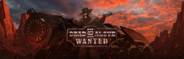Arte oficial de la tragamonedas Dead or Alive 3 Wanted de NetEnt, con bandidos del viejo oeste
