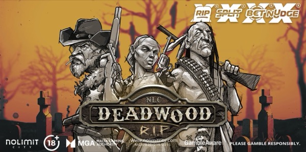 Arte oficial de la tragamonedas Deadwood RIP de Nolimit City, con un viejo oeste sombrío y venganza de forajidos