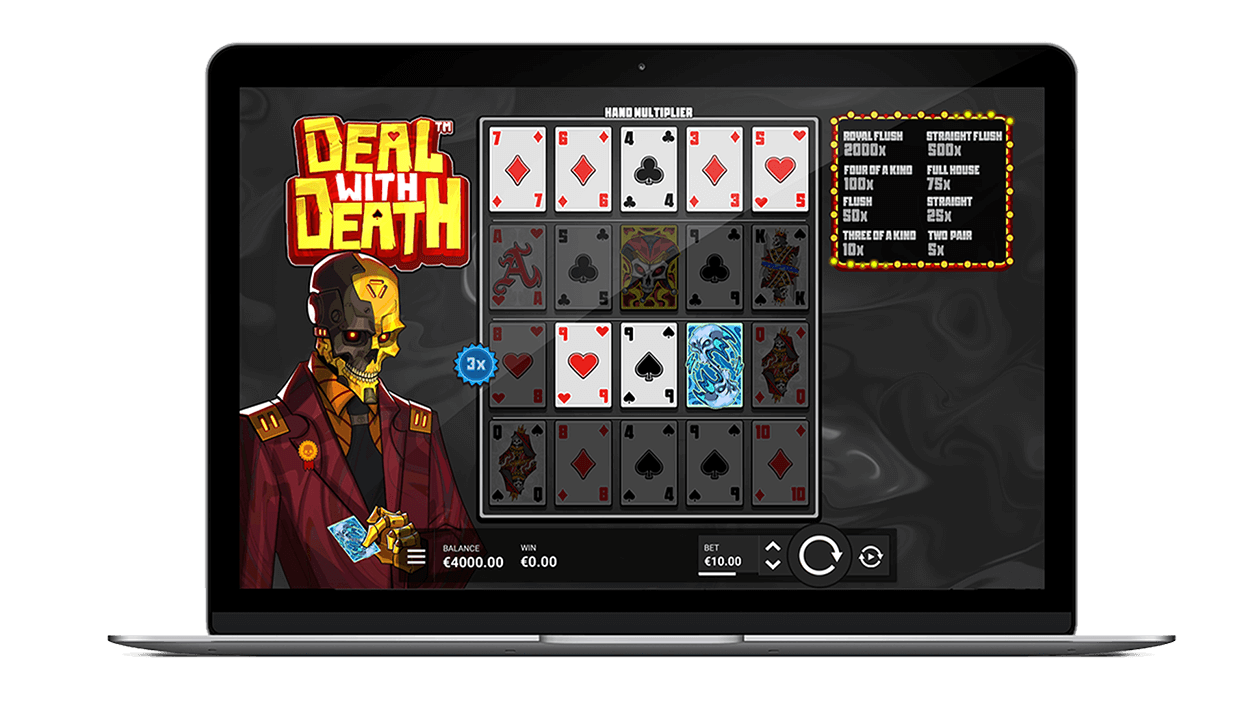 Arte oficial de Deal With Death, con tema de casino sombrío y cartas de póker envolviendo los símbolos comodín