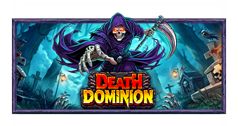 Arte oficial de la tragamonedas Death Dominion de Pragmatic Play, con la Parca y lápidas ensangrentadas en un cementerio gótico