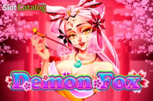 Zorro espíritu estilizado (kitsune) rodeado de flores y linternas en un escenario de folclore asiático en el slot Demon Fox