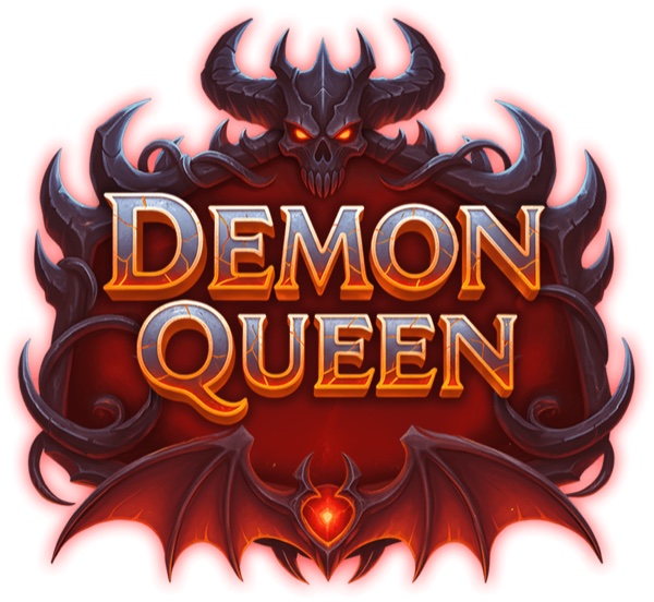Arte oficial de la tragamonedas Demon Queen de NowNow Gaming, con reina demoníaca roja empuñando un tridente en escenario infernal