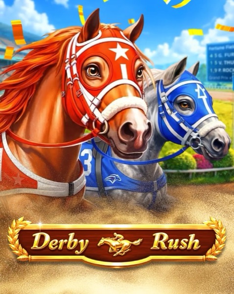 Arte oficial de la tragamonedas Derby Rush de BGaming, con caballos de carreras azul, morado y rojo sobre la pista del hipódromo