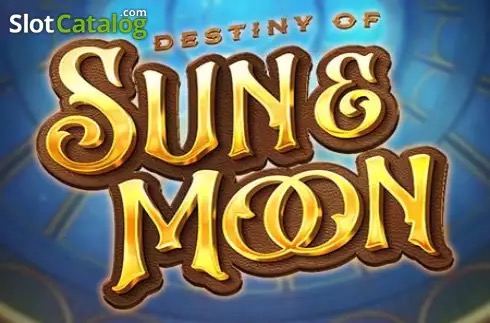 Pantalla de la tragamonedas Destiny of Sun & Moon de PG Soft, con los símbolos del Sol y la Luna sobre una cuadrícula de rodillos irregular y fondo celestial