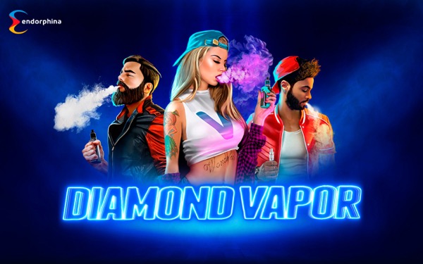 Arte oficial de la tragamonedas Diamond Vapor de Endorphina, con neón colorido y temática de vape