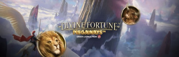 Arte oficial de la tragamonedas Divine Fortune Megaways de NetEnt, con dioses griegos y riquezas doradas