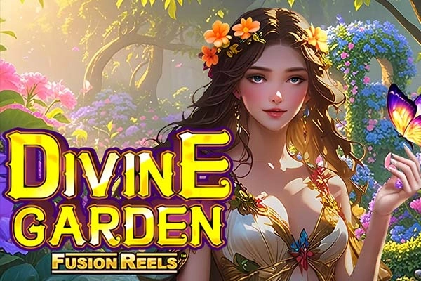 Arte de Divine Garden Fusion Reels de KA Gaming, que muestra un jardín divino florido con una diosa