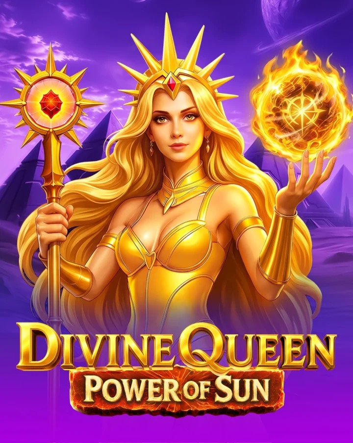 Pantalla de la tragamonedas Divine Queen: Power of Sun de BGaming, con la diosa del sol egipcia y símbolos dorados sobre un desierto