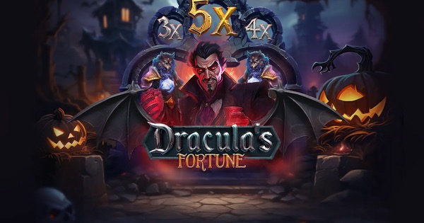Arte de Dracula's Fortune mostrando un castillo sombrío bajo la luz de la luna y al Conde Drácula al fondo